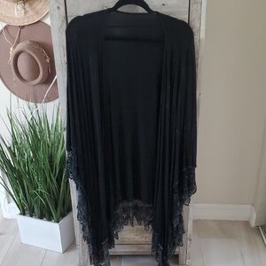 TParty Elegant Black Knit Acid Distressed Lace Kimono/cape